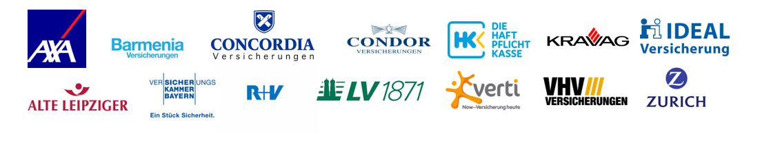 Partnerlogos, darunter Concordia, Condor, LV 1871, verti, KRAVAG, Alte Leipziger, AXA, Barmenia und weitere.